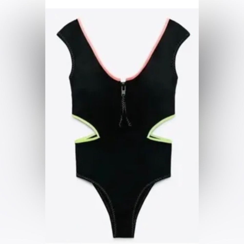 Zara black neon trim cut out front zip v-back one piece swimsuit size small new - Picture 3 of 8